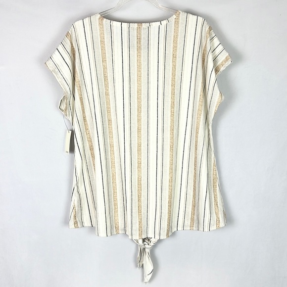CURE |🍨Cream Beige Striped Buttons Trim Tied-Front Textured Buttons Trim Blouse - Picture 2 of 9